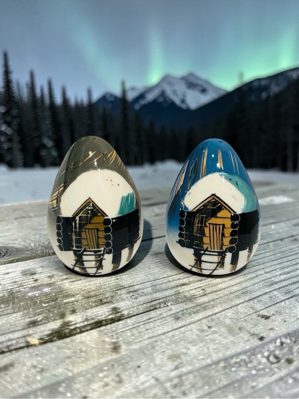 MCM Mathew Adams Hand‑Painted Alaskan Cabin Salt & Pepper Shakers
